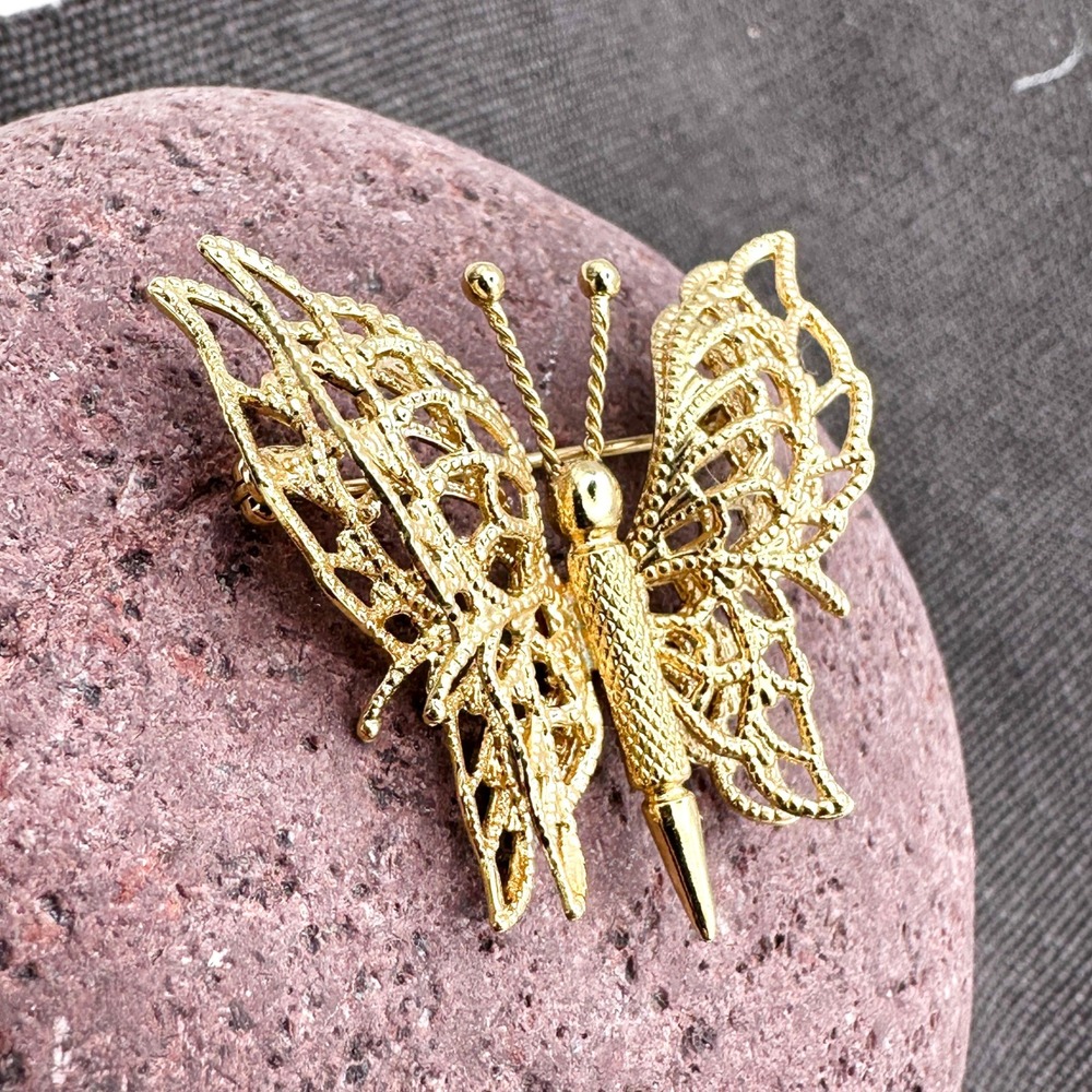 Vintage Monet Gold Tone Butterfly Brooch‎ Double Wing Filigree 1.5" Signed MCM